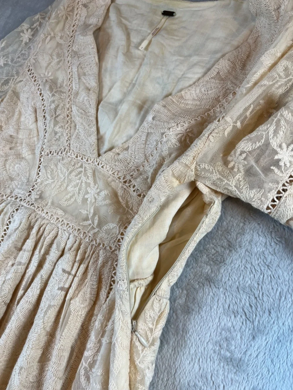 Free People Mountain Laurel Lace Crochet Mide Dress Ivory Boho Romantic sz 2
